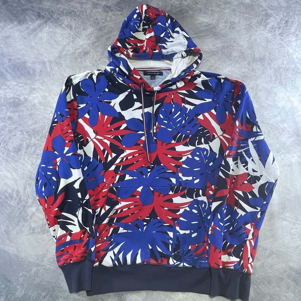 Tommy Hilfiger Men's Red White and Blue Floral Palm Leaf Pullover Hoodie Large